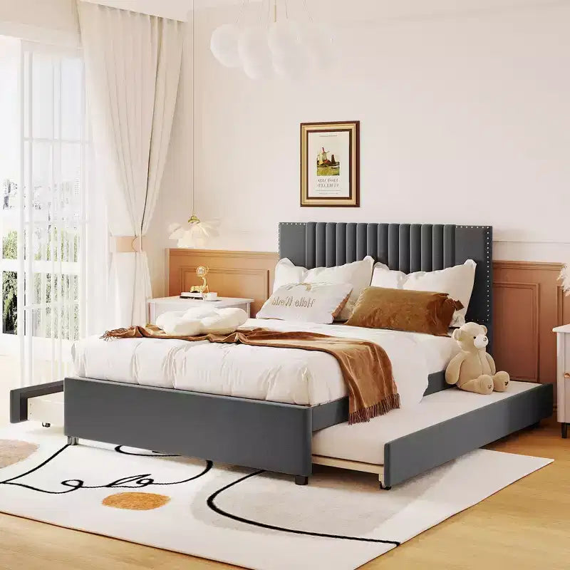 Upholstered Platform Bed with Storage and Twin Trundle - Classic Headboard