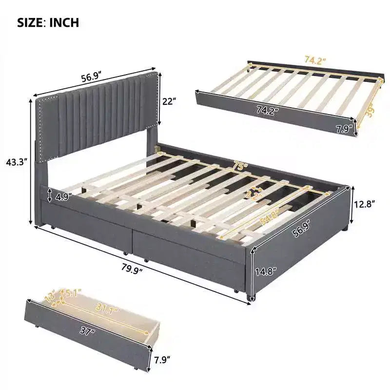 Upholstered Platform Bed with Storage and Twin Trundle - Classic Headboard