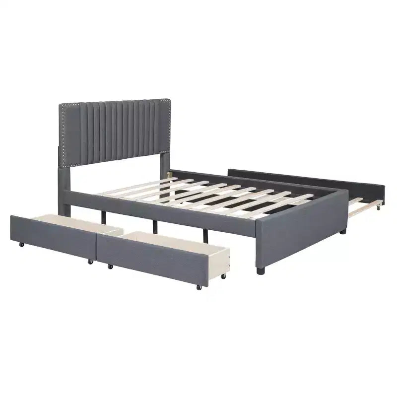 Upholstered Platform Bed with Storage and Twin Trundle - Classic Headboard