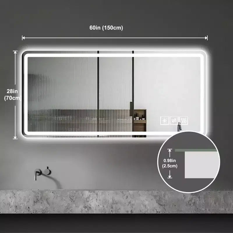 28x60 LED Vanity Mirror Anti-Fog Dimmable Shatter-Proof Tempered Glass Bathroom Decor