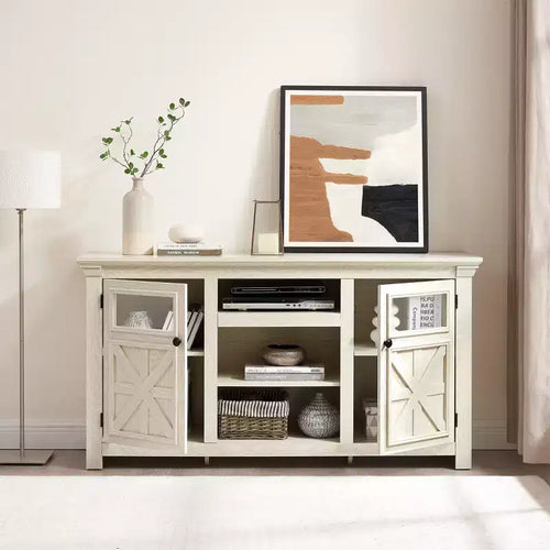 JVNOXK 60-inch double-door farmhouse-style cabinet, barn design, farmhouse TV stand, modern media cabinet with storage space, white