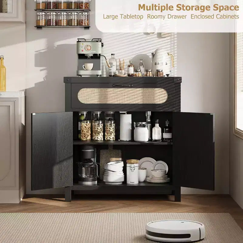 Rattan Sideboard Buffet Cabinet, with Drawer & Farmhouse Coffee Bar for Dining & Living Room, Black