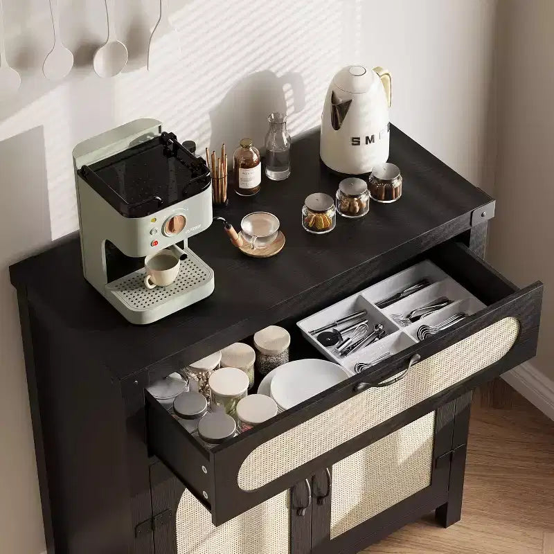 Rattan Sideboard Buffet Cabinet, with Drawer & Farmhouse Coffee Bar for Dining & Living Room, Black