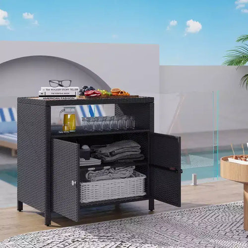 Outdoor Storage Cabinet with Acacia Wood Top, Two Doors, Shelf, Wicker Bar Table for Pool Towel Storage, Black