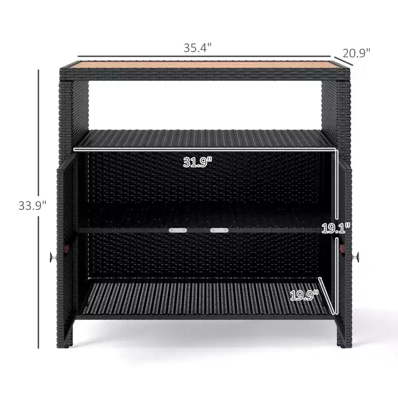 Outdoor Storage Cabinet with Acacia Wood Top, Two Doors, Shelf, Wicker Bar Table for Pool Towel Storage, Black