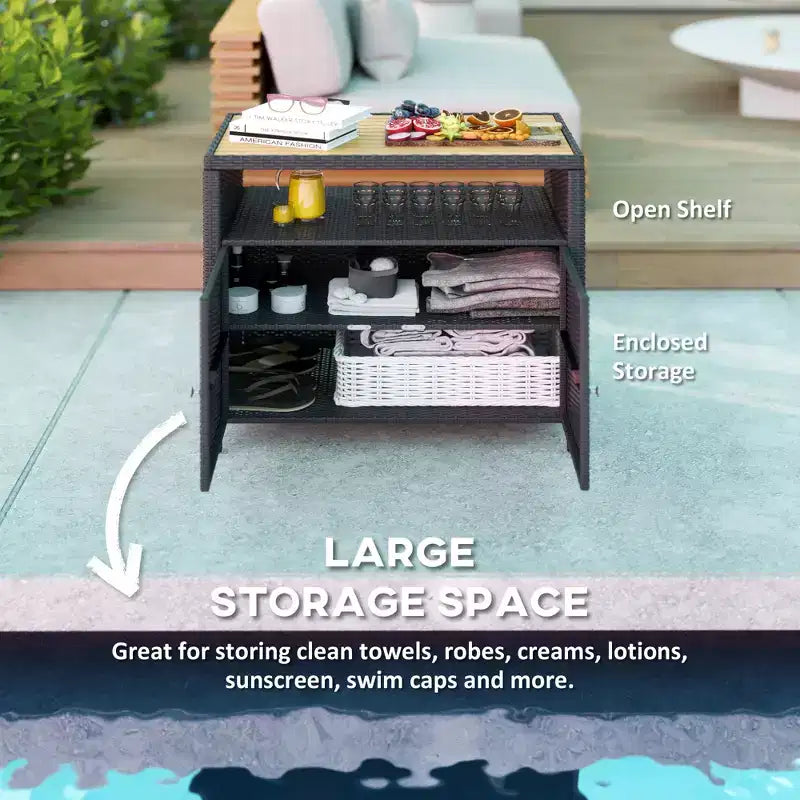 Outdoor Storage Cabinet with Acacia Wood Top, Two Doors, Shelf, Wicker Bar Table for Pool Towel Storage, Black