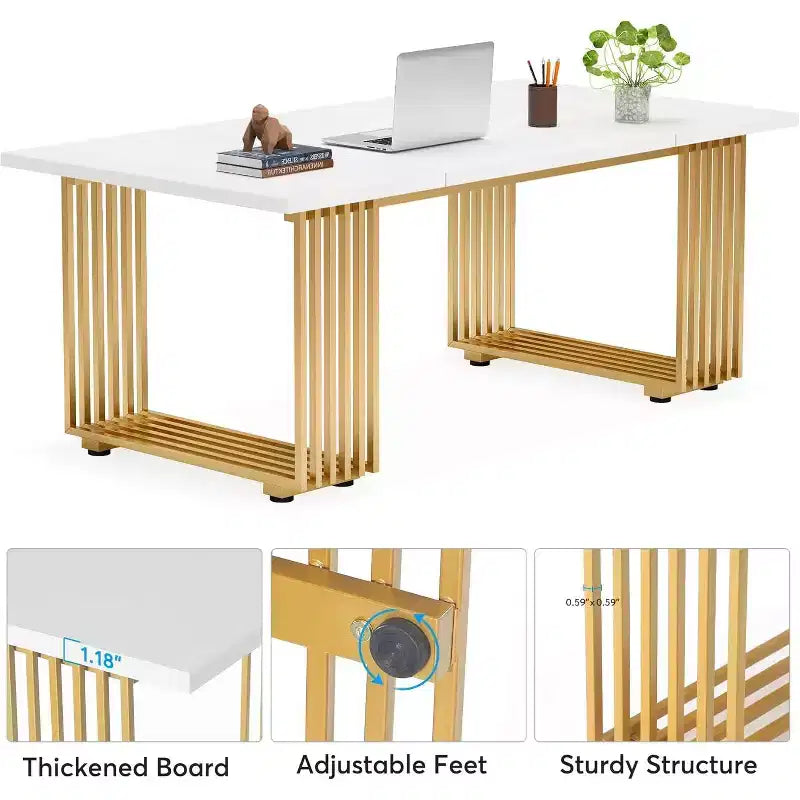 Lantine 70.9-Inch Modern Office Desk, Wooden Computer Desk with Gold Metal Legs, Large Workstation for Home Office, Study Writing Desk