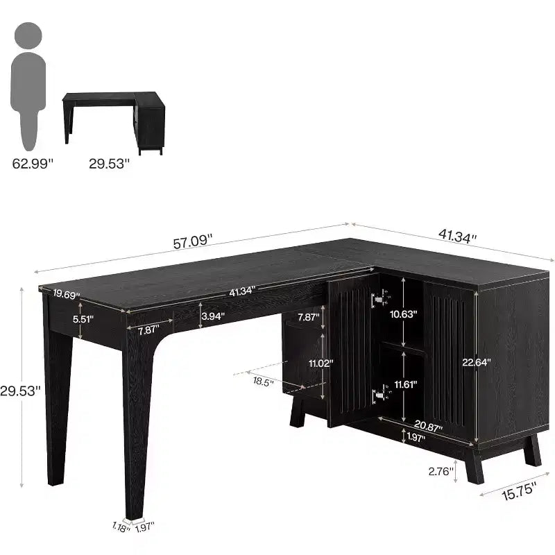 Lantine L-Shaped Desk with Storage Cabinet, 57-Inch Wood Corner Workstation, Home Office Computer Desk, Study Writing Table (Black)