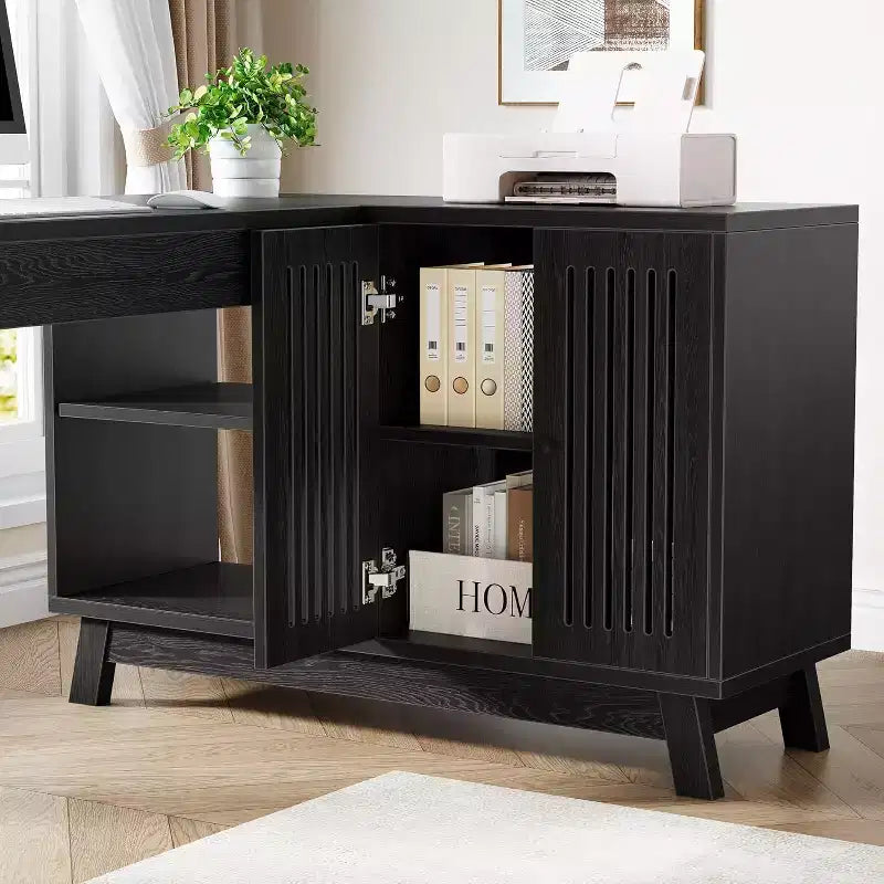 Lantine L-Shaped Desk with Storage Cabinet, 57-Inch Wood Corner Workstation, Home Office Computer Desk, Study Writing Table (Black)