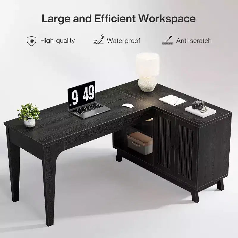 Lantine L-Shaped Desk with Storage Cabinet, 57-Inch Wood Corner Workstation, Home Office Computer Desk, Study Writing Table (Black)