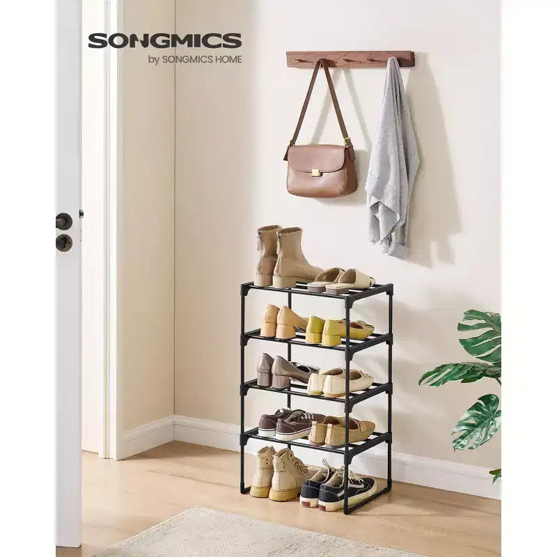 SONGMICS Shoe Rack, 4-Tier Shoe Organizer, Metal Storage Shelf, for 5-10 Pairs, Stackable, Garage, 11.8 x 16.7 x 28.4 Inches, Blac